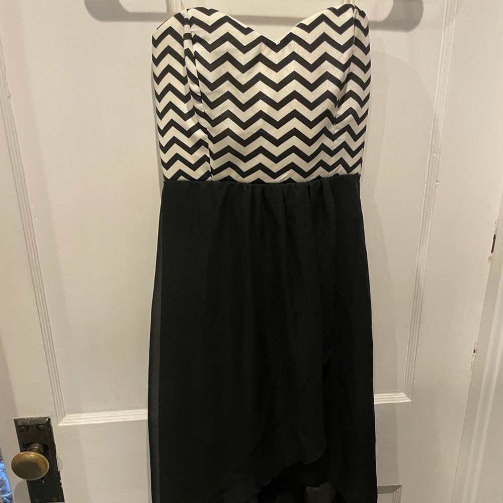 Black and white high low strapless dress